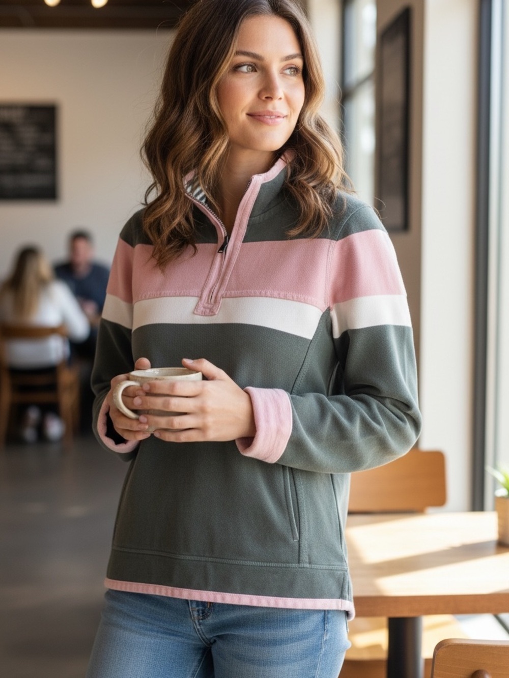 Fat Face Olive, Pink & White Striped Half-Zip Pullover - Picture 1 of 5